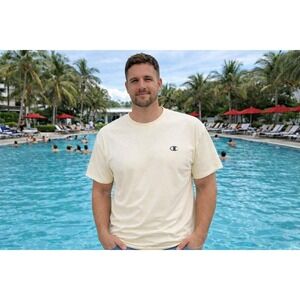 Champion Heritage T-Shirt Men XL Cream Off White Embroidered C Logo Short Sleeve